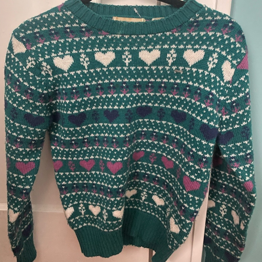 Festive Pink and Green Crew Neck Sweater with Nordic Patterns